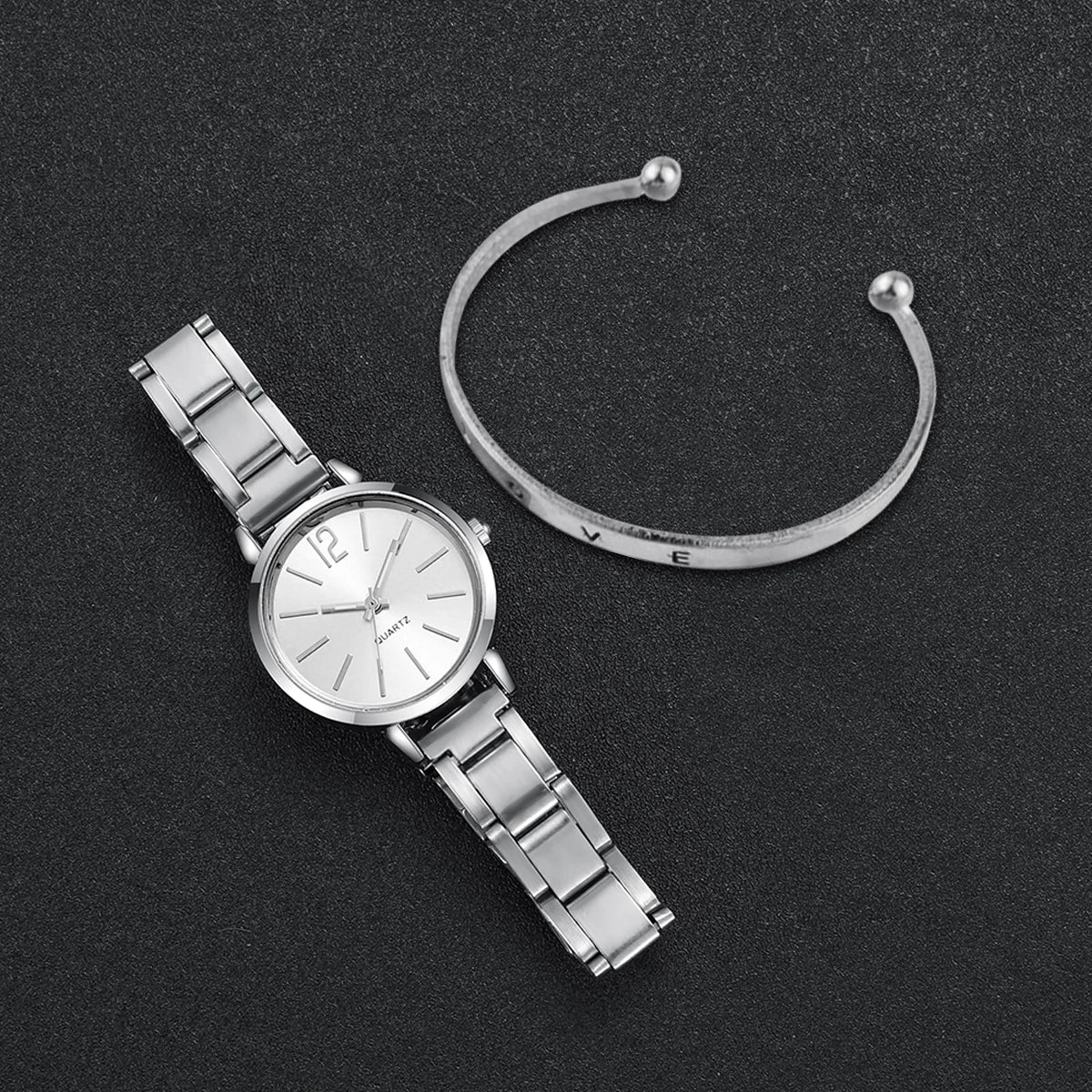 Women's Steel Strap Watch & Love Bracelet Set
