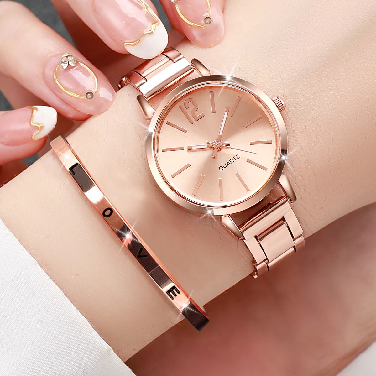 Women's Steel Strap Watch & Love Bracelet Set