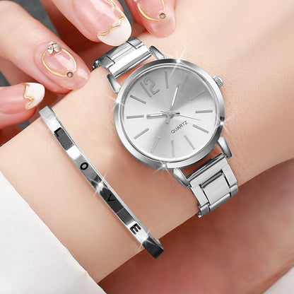 Women's Steel Strap Watch & Love Bracelet Set