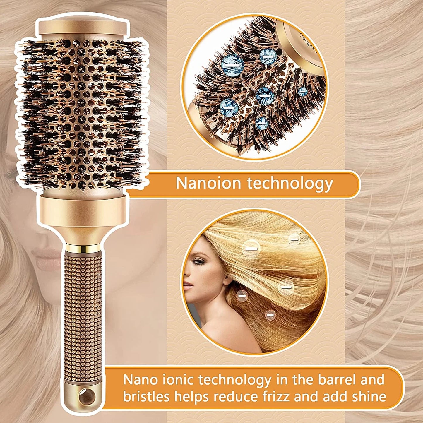 Boar Wet Bristle round Hair Brush, Ceramic Ionic Salon Pro Comb Styling Scalp Hairbrush Ideal for All Hair Types for Men and Women